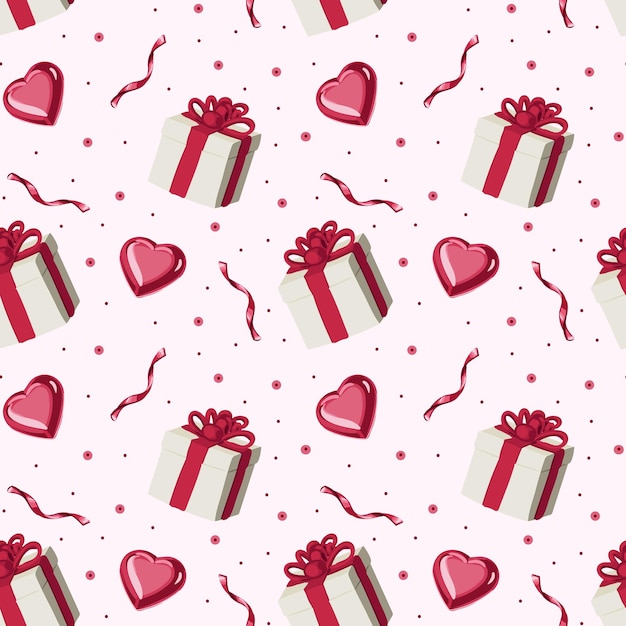 Valentine s Day is a seamless pattern with gifts and hearts Pattern for Wrapping paper postcards textiles wallpapers fabrics etc Cartoon style vector illustration