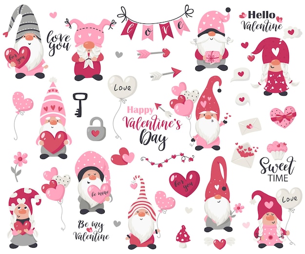 Valentine's Day items and gnomes collection.  illustration for greeting cards, christmas invitations and t-shirts