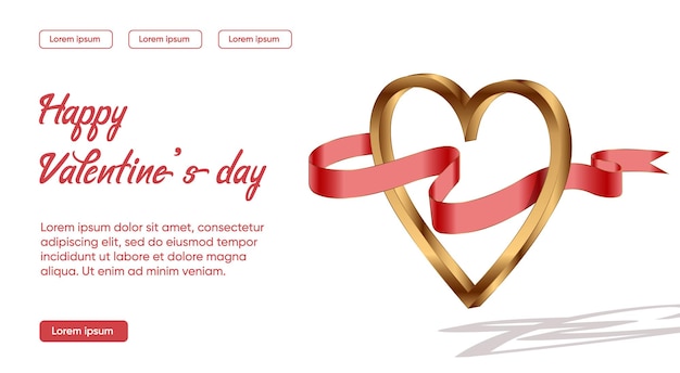 Valentine's Day. Lending. Metallic gold gradient heart with red ribbon