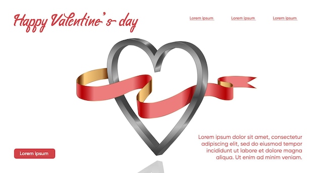 Valentine's Day. Lending. Metallic gradient heart with red ribbon