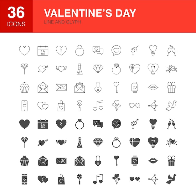 Valentine's Day Line Web Glyph Icons. Vector Illustration of Love Outline and Solid Symbols.