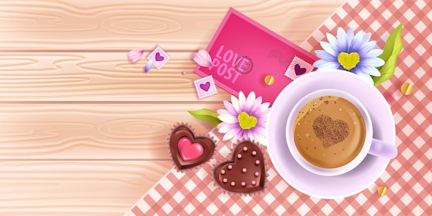 Vector valentine's day love banner with wooden table top view, coffee cup, chamomile, pink envelope. romantic spring holiday breakfast with chocolate cakes.