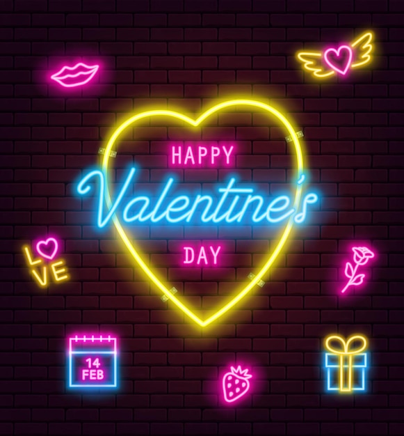 Valentine's Day neon sign on brick wall background. Banner, flyer, poster, greeting card with glowing Valentine's Day neon signs. Vector illustration