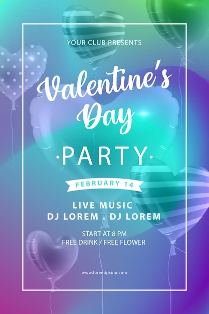 Valentine's day party poster with gradient and realistic balloon