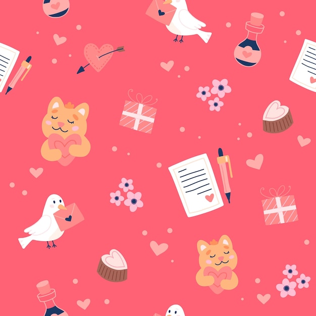 Valentine s day pattern with cute doves, cats and love letters. Hand drawn vector illustration