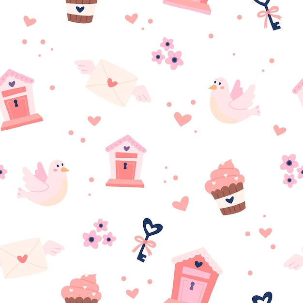 Valentine s day pattern with cute doves letterboxes and keys Hand drawn vector illustration