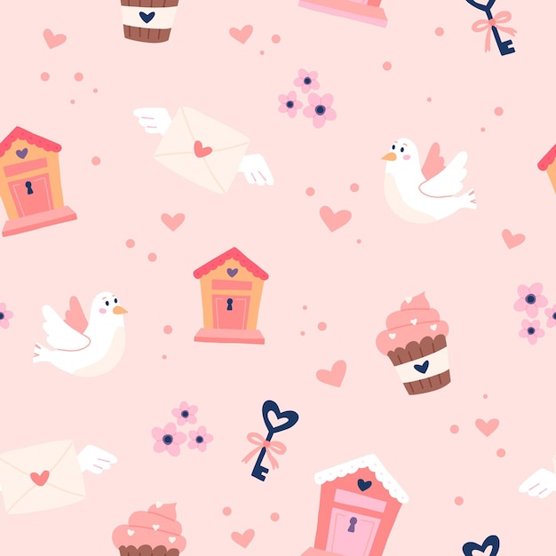 Valentine s day pattern with cute doves letterboxes and keys Hand drawn vector illustration