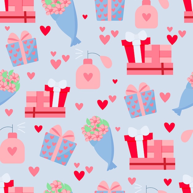 Valentine's day pattern with cute elements. Vector flat illustration.