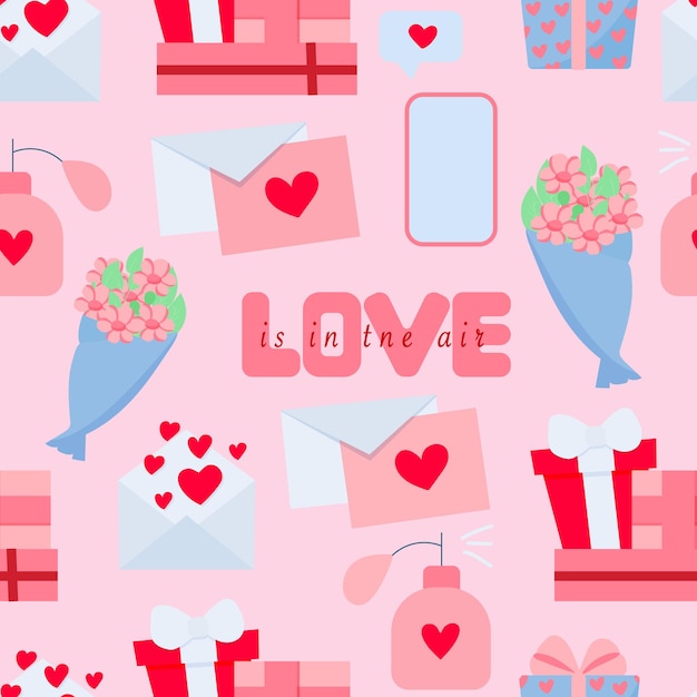 Valentine's day pattern with cute elements. Vector flat illustration.