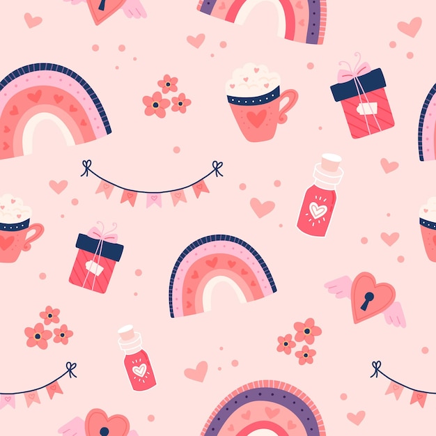 Valentine s day pattern with cute hearts, rainbows and gifts. Hand drawn vector illustration