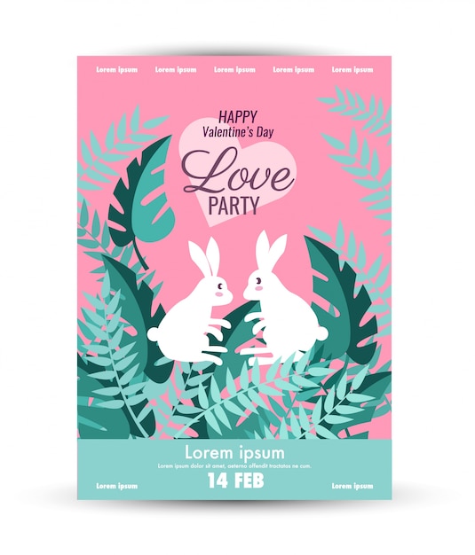 Valentine's Day  poster template. Cute rabbits in the jungle