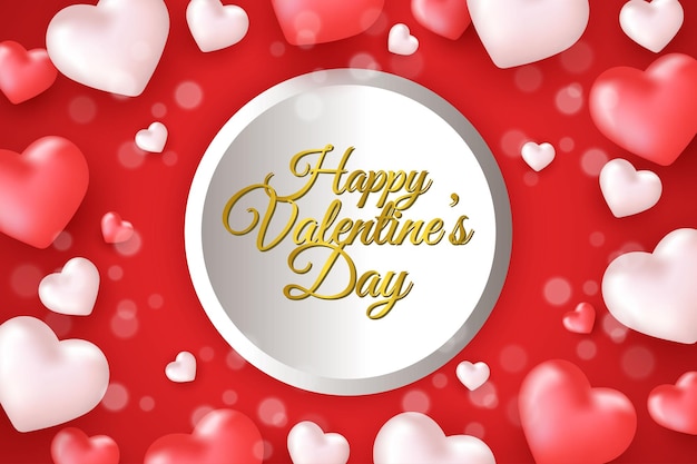 Valentine's day red background template with circle for lettering and realistic hearts ornament