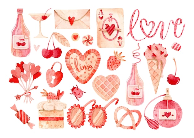 Valentine's day retro pink watercolor isolated clipart set