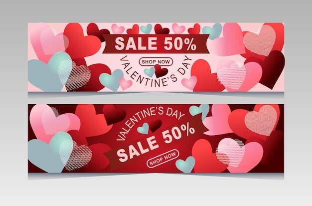 Valentine's Day Sale 50 off Poster or banner with many sweet hearts and on red background