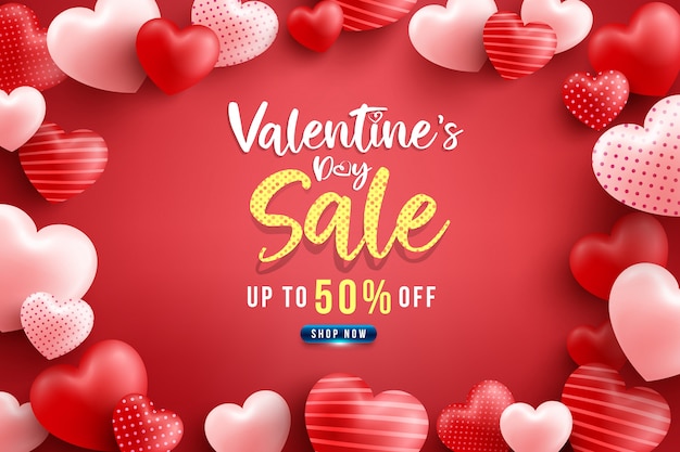 Valentine's Day Sale 50% off Poster or banner with many sweet hearts and on red .Promotion and shopping template or  for Love and Valentine's day 