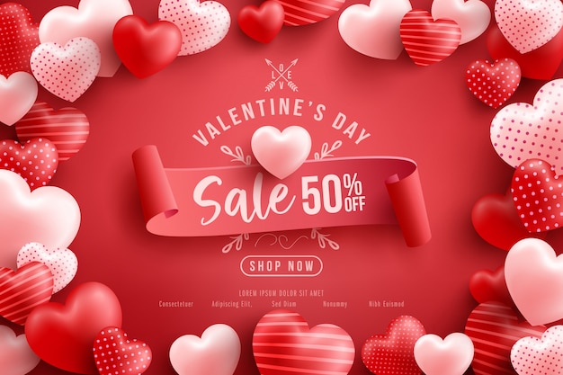 Valentine's Day Sale 50% off Poster or banner with many sweet hearts and on red .Promotion and shopping template or  for Love and Valentine's day 