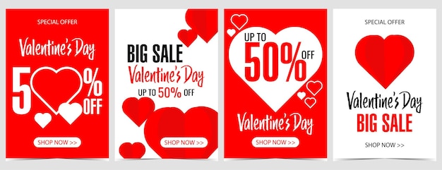 Valentine's Day sale banner design template with red and white hearts.