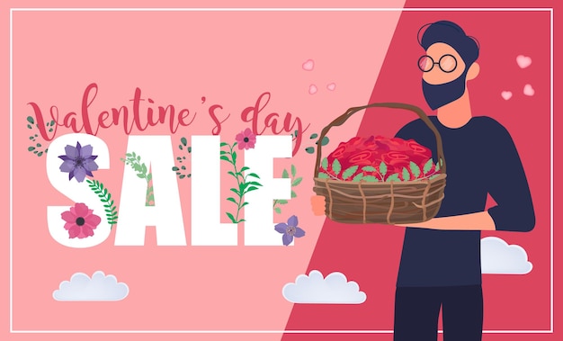 Valentine's day sale banner. Man Holds a large basket of flowers. Vector.