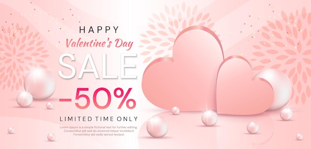 Valentine's Day sale banner. Romantic composition with hearts and pearls on the pink background . Vector illustration for website , posters,ads, flyers and other promotional material.