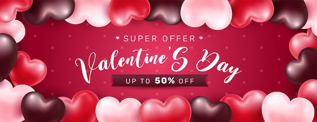 Valentine's Day Sale Banner Template Design with realistic heart illustration