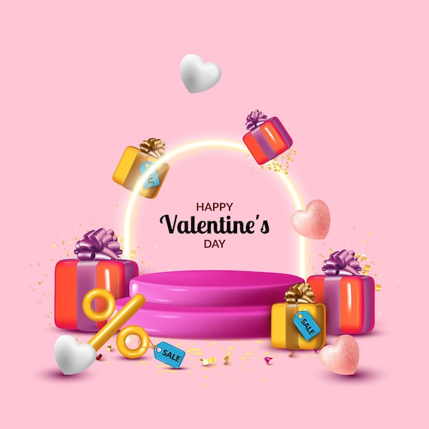 Valentine's day sale banner template with realistic gift box