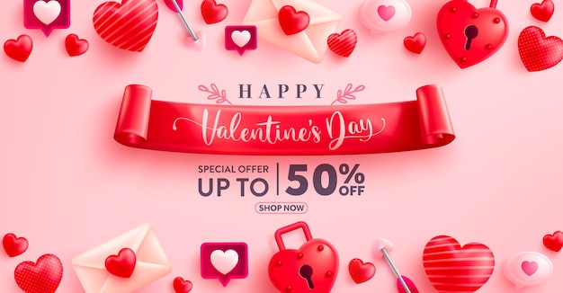 Valentine's Day Sale banner with sweet heartsspeech bubble and valentine elements on pink background