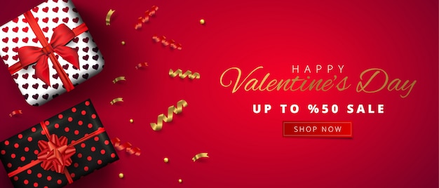 Valentine's Day sale horizontal banner.  illustration with realistic gift boxes and confetti on red background. Promo discount banner.