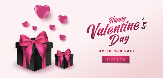 Valentine's Day Sale Poster or banner with hearts and realistic gift box on soft pink background.