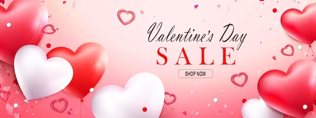 Valentine's day sale poster, composition with red heart shaped balloons with glitter