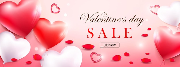 Valentine's day sale poster, composition with red and white heart shaped balloons,