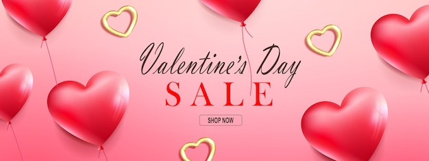 Valentine's day sale poster, illustration with red heart shaped balloons.