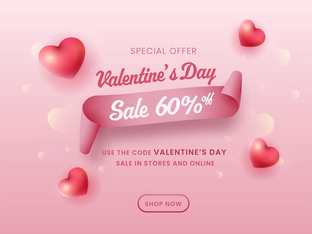 Valentine's Day Sale Poster With Discount Offer And Hearts On Glossy Pink Background.