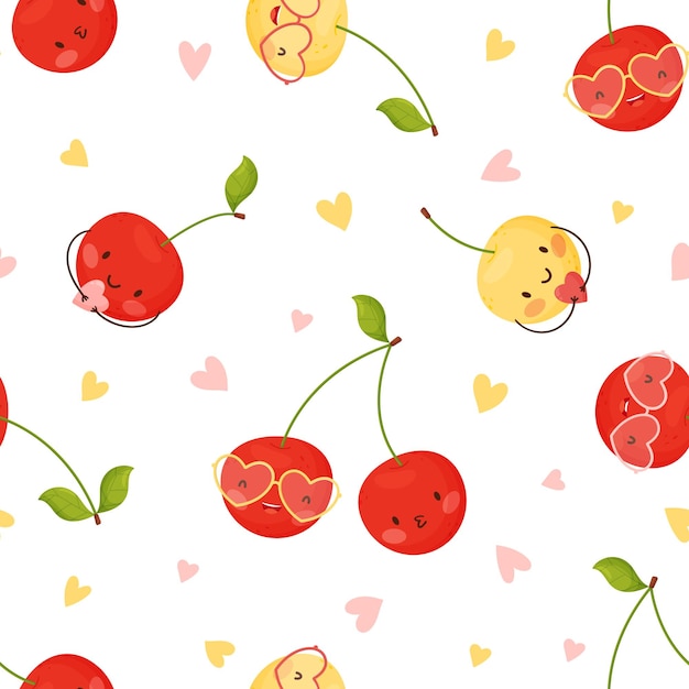 Valentine s Day seamless pattern Cute cartoon cherry with heart glasses Vector illustration White background