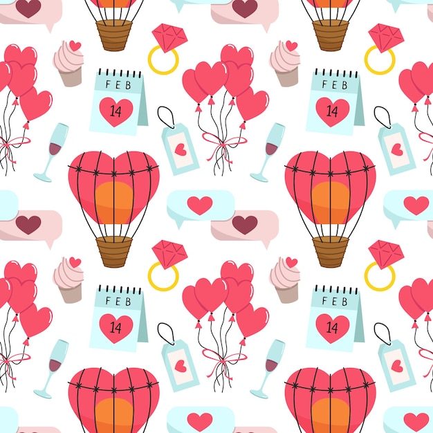 Valentine's day seamless pattern. Romantic background. Cute cartoon vector doodle illustrations.