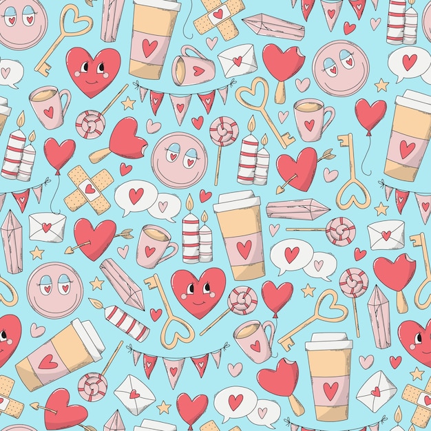 Valentine's day seamless pattern with doodles on blue background for wrapping paper, scrapbooking