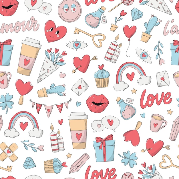 Valentine's day seamless pattern with hand drawn doodles for prints, wallpaper, scrapbooking, prints