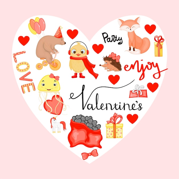 Valentine's day set of elements for the design of postcards or stickers. Cartoon style. Vector illustration.