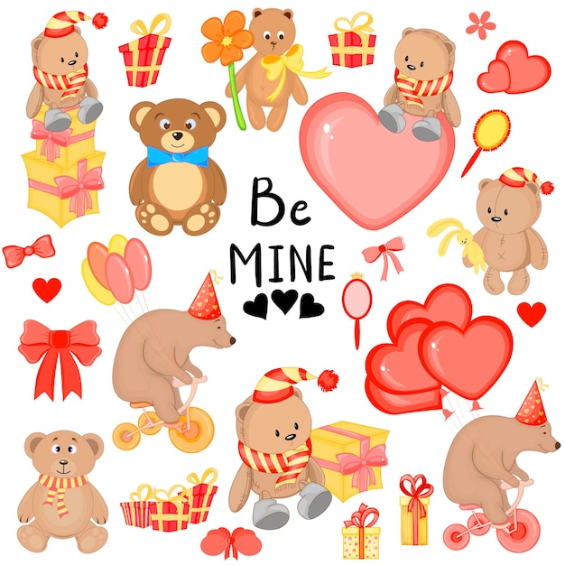 Valentine's day set of elements for the design of postcards or stickers Cartoon style Vector illustration