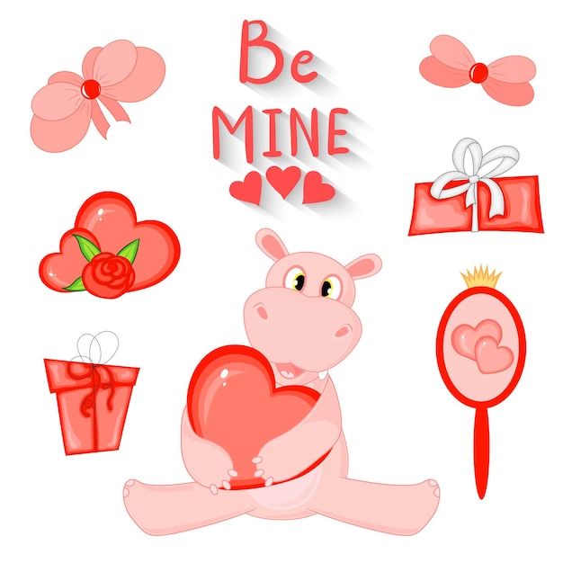 Valentine's Day set of holiday objects. Cartoon style. Vector illustration.