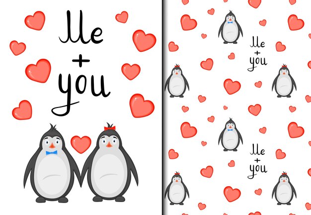 Valentine's Day set of pattern and postcard with cute penguins. Cartoon style. Vector illustration.