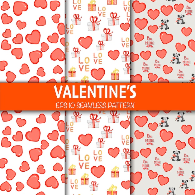 Valentine's Day set of patterns. Cartoon style. Vector illustration.