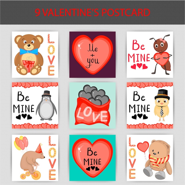 Valentine's Day set of postcards. Cartoon style. Vector illustration.