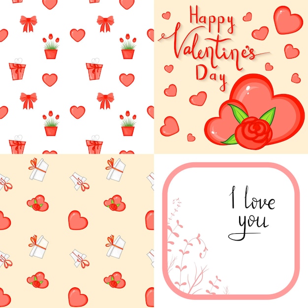 Valentine's Day set with postcard, pattern and template. Cartoon style. Vector illustration.