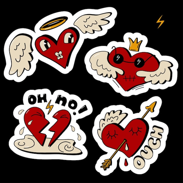 Valentine's Day stickers set Broken heart Vector illustration in old cartoon retro style vintage