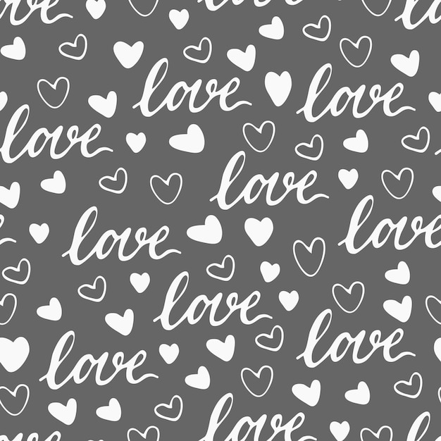 Valentine's day vector seamless pattern. Doodle Hearts and lettering love. Love theme.