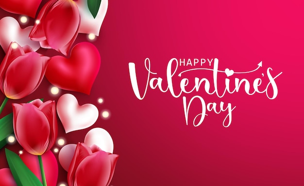 Valentine's day vector template design. Happy valentines typography text with tulips and hearts.