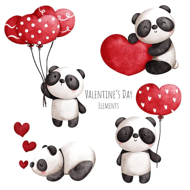 Valentine's day watercolor element with cute panda