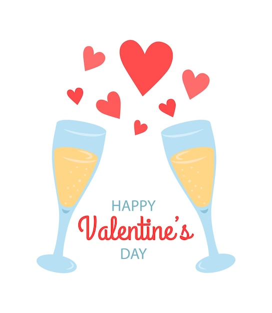 Valentine's Day with champagne glasses and hearts, hand-drawn illustration.