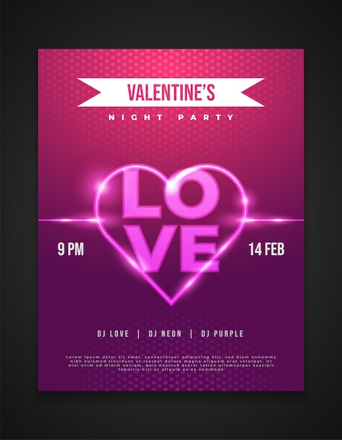 Valentine's night party invitation card or poster design with neon heart and glowing love word