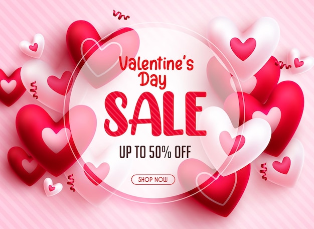 Valentine's sale vector banner design. Valentine's day discount text with heart balloon.